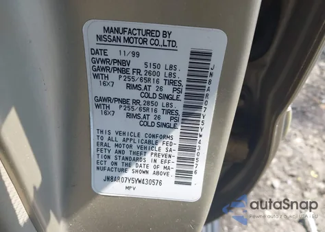 2000 Nissan Pathfinder Le/Se/Xe из США, поврежденный, VIN JN8AR07Y5YW430576